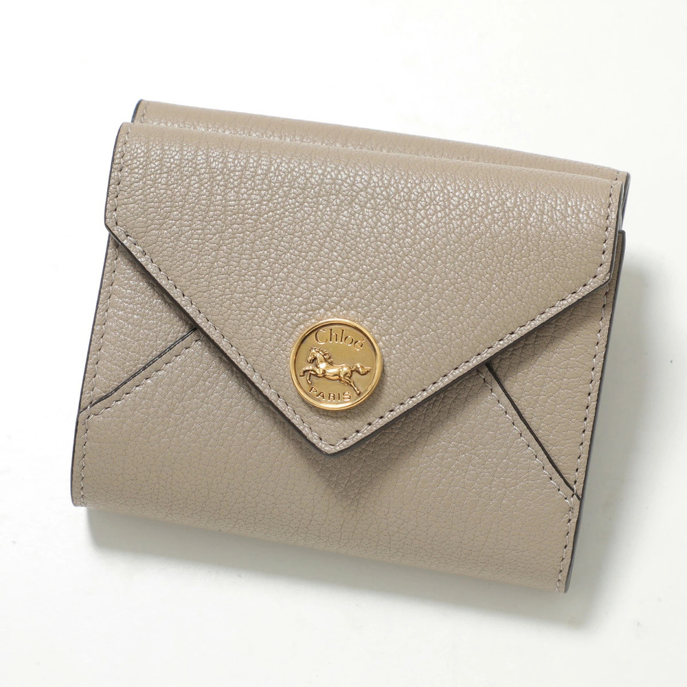 Chloe Tri fold Wallet ENVELOPE Leather Horse Medal Motty Gray